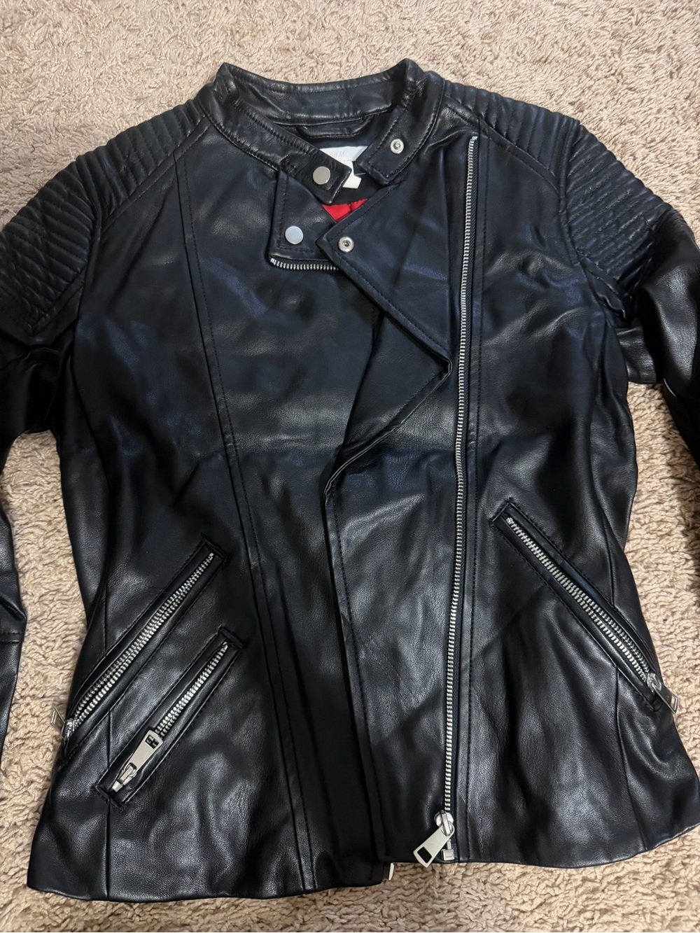 H&M Black Faux Leather Moto Jacket with Quilted Shoulders